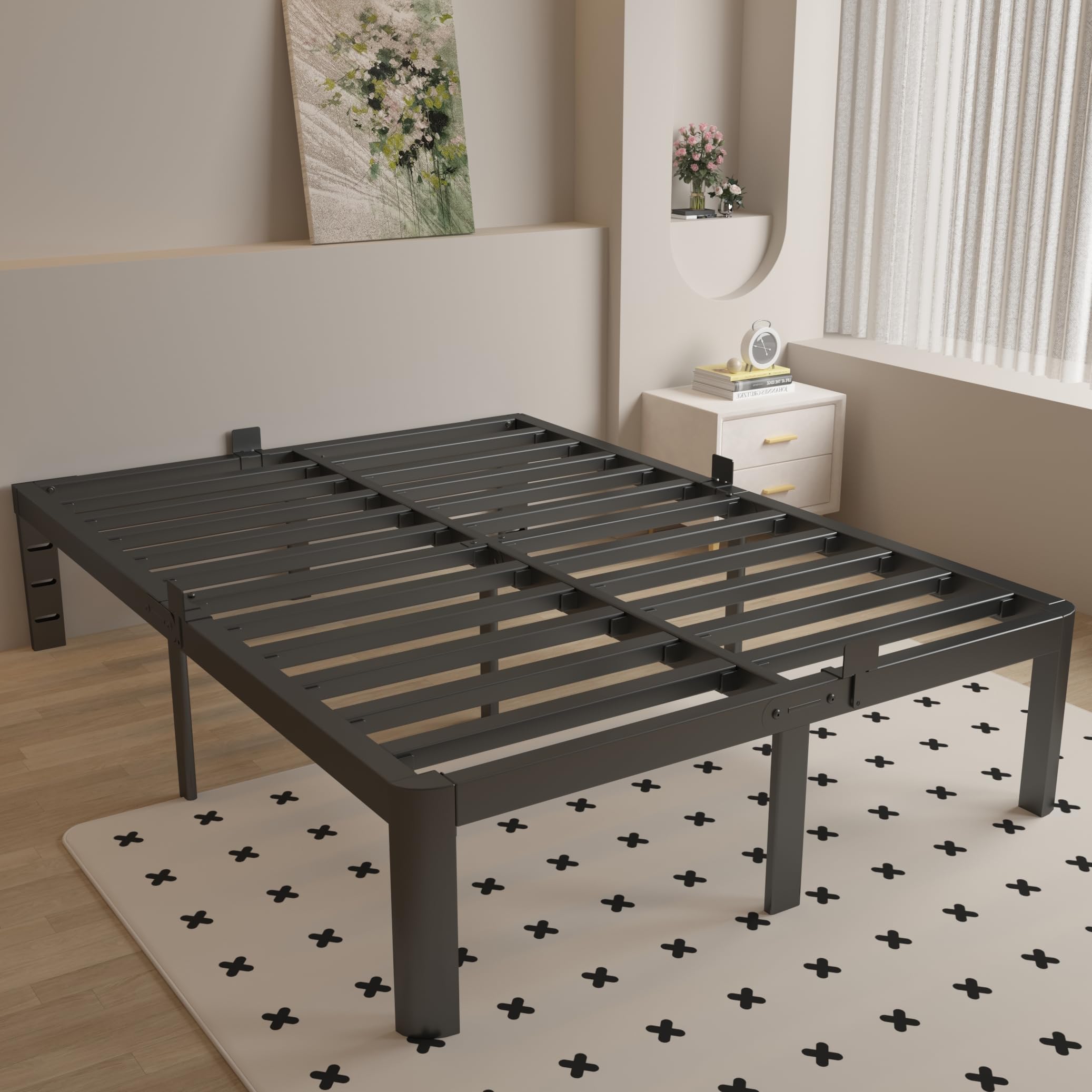 Full Size Bed Frame 16 Inch Black, Metal Full Bed Frame with Baffles, No Box Spring Needed, Heavy Duty Steel Supprt, Rounded Corner Design, Reserved Holes, Noiseless, Easy Assembly