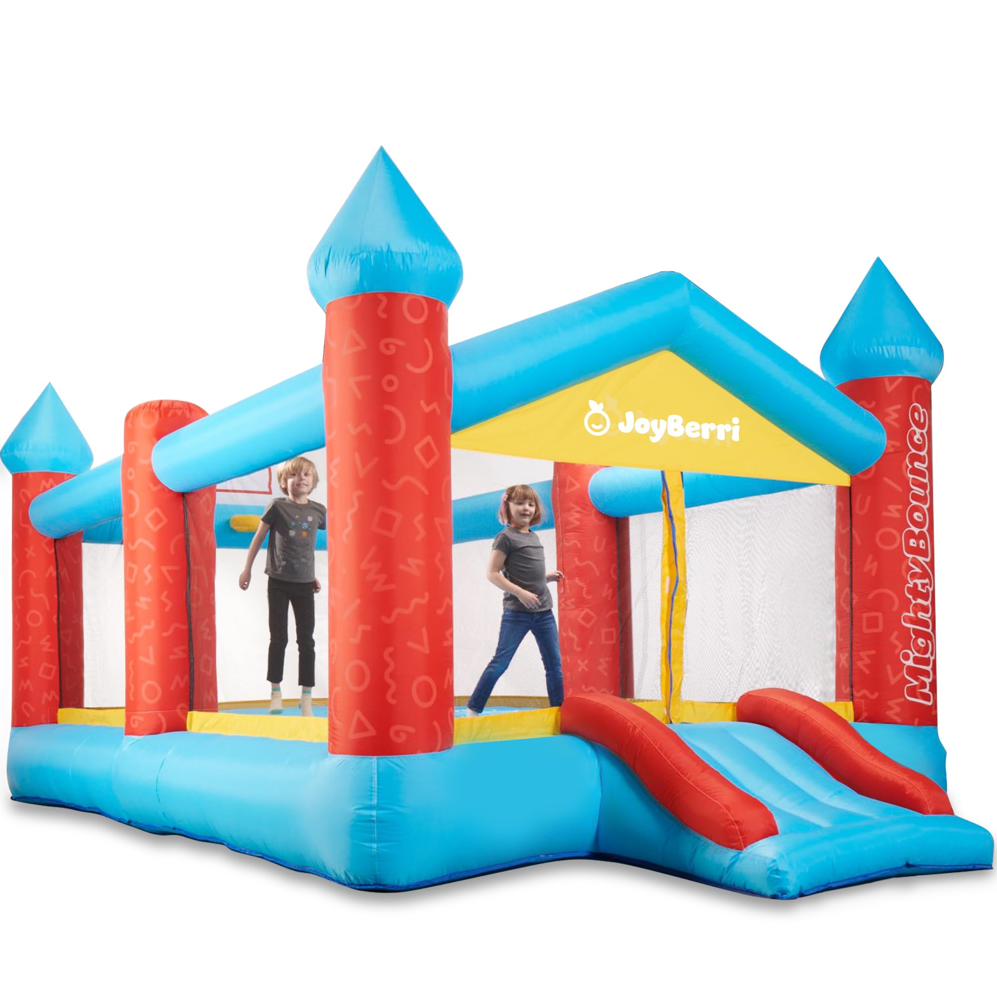 Condition photo showing New/Like New for joyberri mighty bounce house with blower -16.8' x8.9' ft extra large inflatable bouncy castle with slide, volleyball net, basketball hoop - kids bounce house for big kids 5-12, outdoor -astm certified