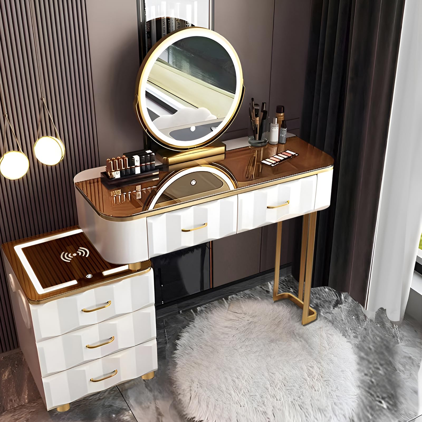 Vanity Set-Vanity Set with Led Light Mirror and Glass Tabletop, Built-in Bluetooth Speaker, Charging Station, 5 Solid Wood Drawers for Women(No Chair) (similar to the photo)