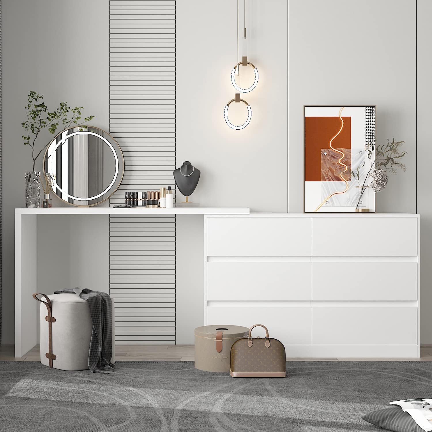 ECACAD 2 in 1 Vanity Desk, Vanity Table with L-Shaped Desk & Dresser, Versatile Makeup Vanity Dressing Table Computer Desk with 6 Drawers for Bedroom, Home Office, White