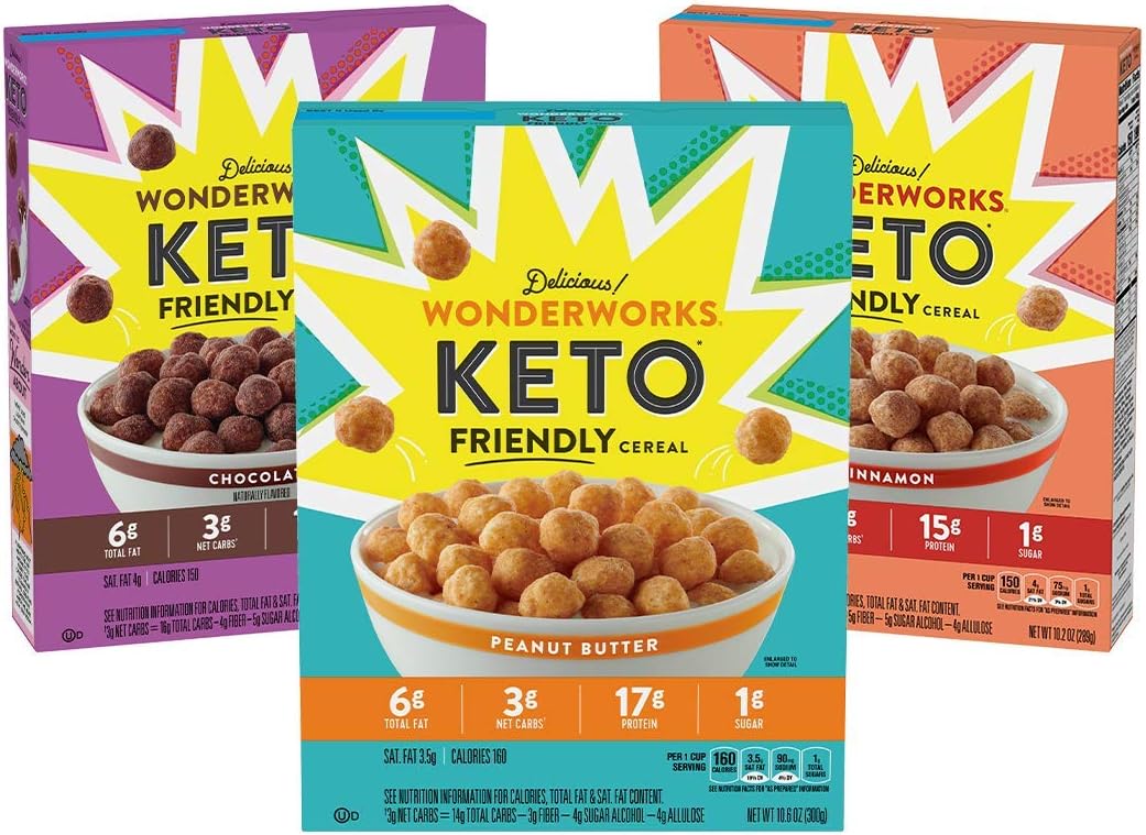 Wonderworks Variety Pack, Keto Friendly Breakfast Cereal, 3 Pack, Chocolate, Cinnamon and Peanut Butter, 10.2 oz boxes