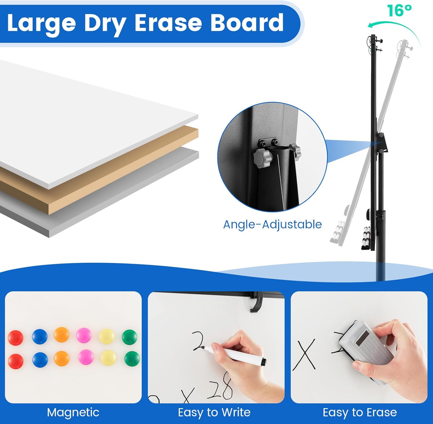 Goplus 40” x 26” Rolling Whiteboard, Height Adjustable Magnetic Dry Erase Board on Wheels with Round Stand, Paper Clips, Storage Tray, Paper Pad, Magnets, Markers, Mobile White Board for Office School