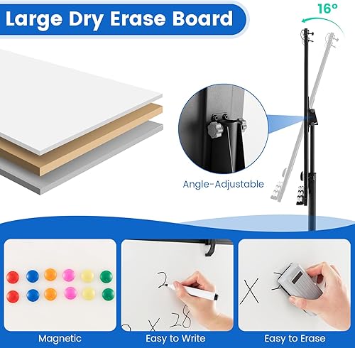 Miniatura 4 de Goplus Pizarra blanca móvil, 40 x 26 pulgadas, altura ajustable, pizarra blanca magnética con soporte redondo estable, clips de papel y bandeja de