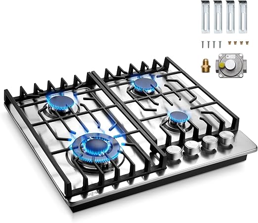 24 inch Gas Cooktop, Bulit-in 4 Burners Gas Stove Stainless