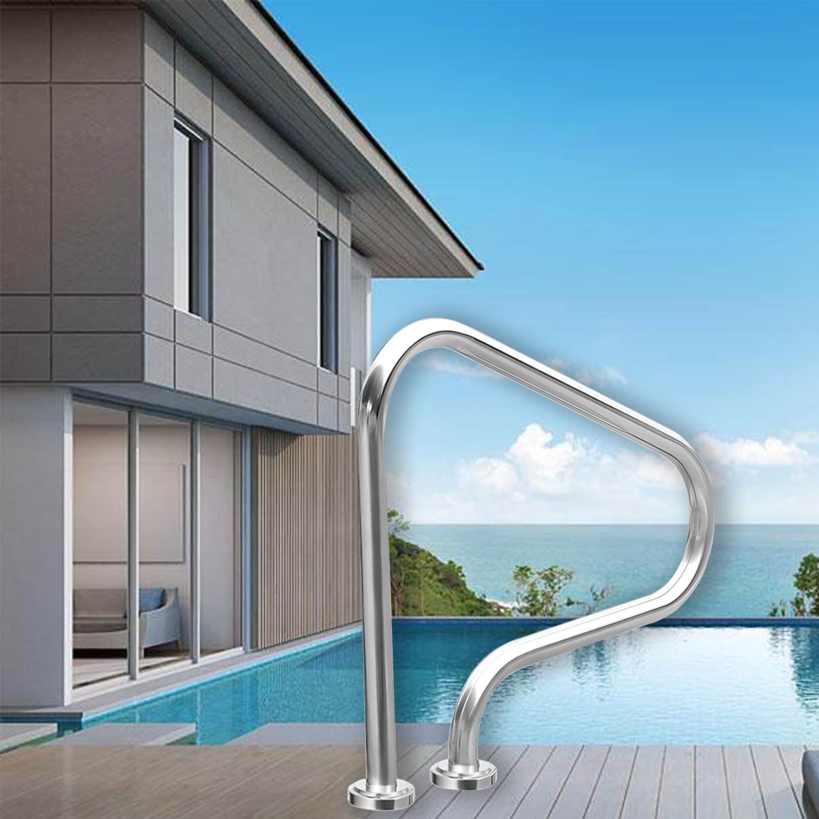 Rampe de piscine à 3 coudes en inox | Accoudoir sûr pour escalier de parc aquatique