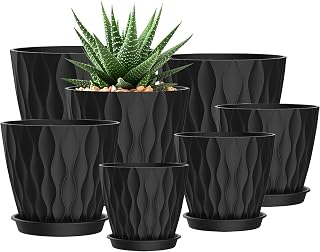 4/4.5/5/5.5/6/6.5/7 Inch Plant Pots,7 Pack Flower Pots with Drainage Holes and Trays,Plastic Planters for Indoor Outdoor Plants Growth,Black