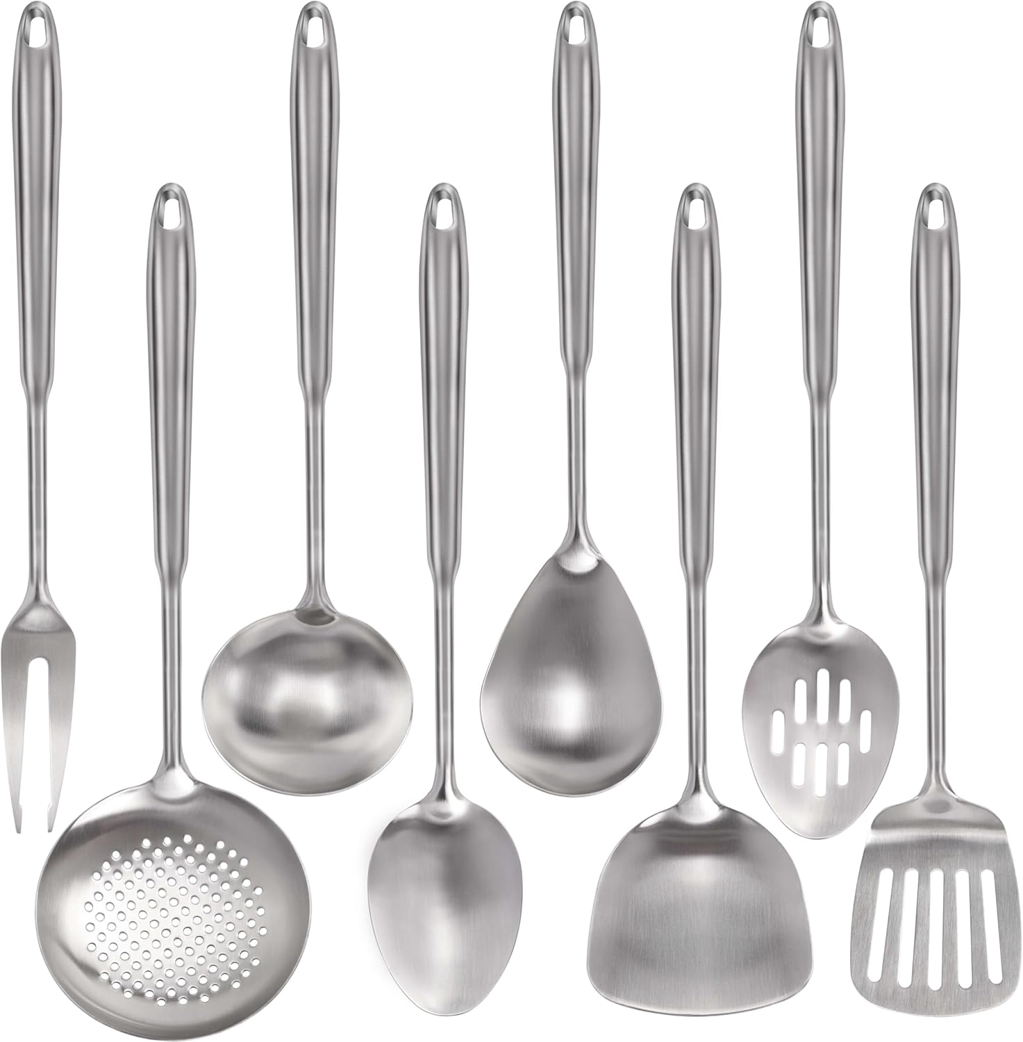 304 Stainless Steel Kitchen Utensils Set - 9PCS Long Metal Cooking Utensil Serving Utensils Set, Meat Fork, Turner, Pasta, Serving Spoon, Skimmer, Ladle, Spatula Spoon Set (Dishwasher Safe)