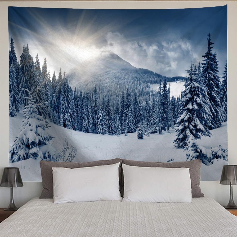 Nature Landscape Tapestry White Snow Forest Tree Wall Tapestry Sunshine and Snow Mountain Winter Scenery Tapestry Wall Hanging for Bedroom Living Room Dorm Home Decor Wall Blanket (150x200cm,59"X79")