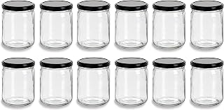North Mountain Supply 16 Ounce Glass Wide Mouth Straight-Sided Canning Jars - with Black Metal Safety Button Lids - Case of 12