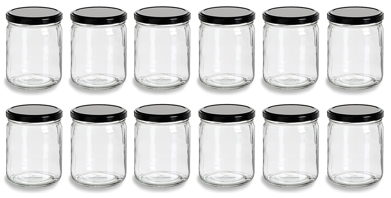 North Mountain Supply 16 Ounce Glass Wide Mouth Straight-Sided Canning Jars - with Black Metal Safety Button Lids - Case of 12