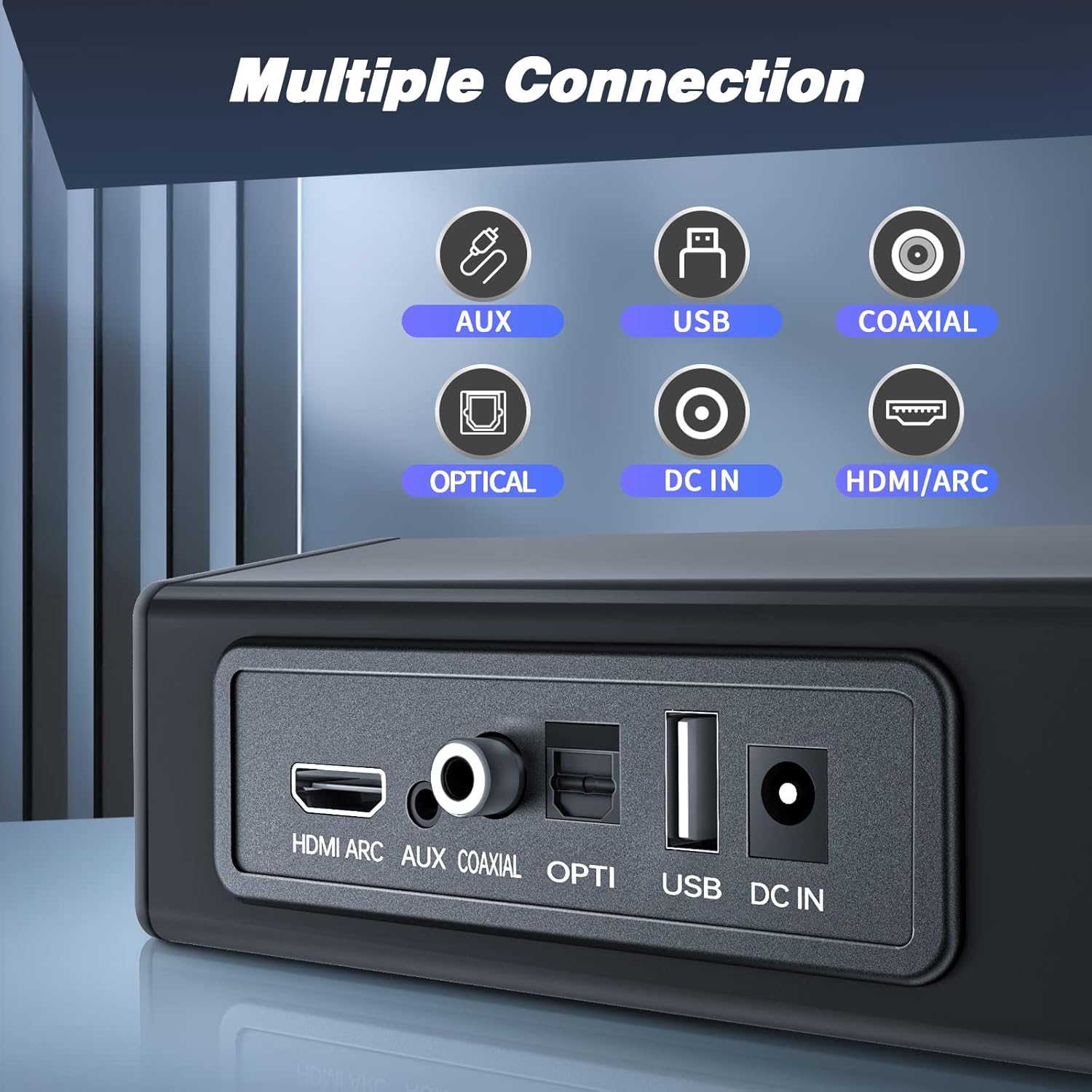 Rear panel of Miuscall-C Soundbar with various connection ports