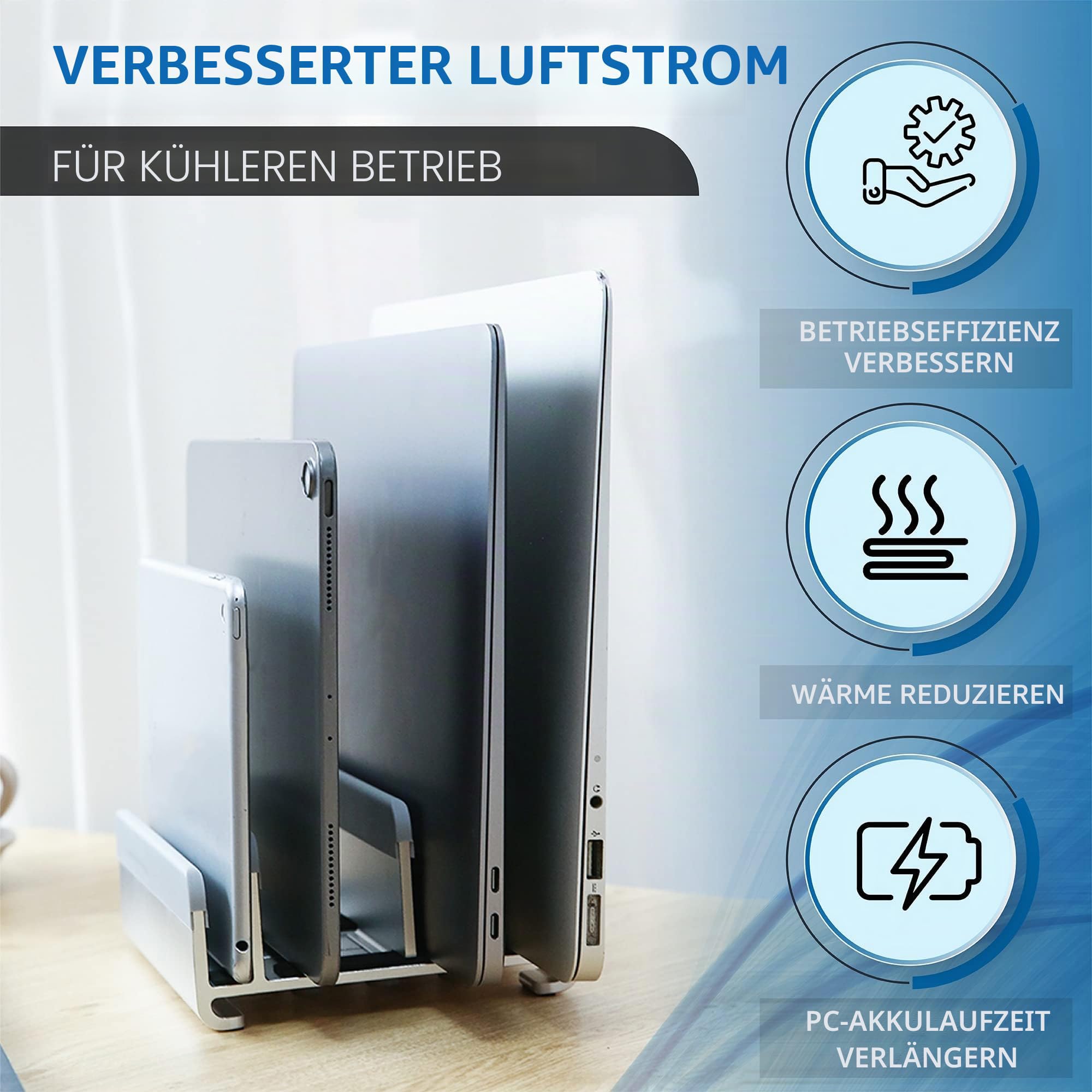 Verstellbarer Laptop-Ständer für 5 Geräte, modernes Design, werkzeuglose Anpassung, stabil und geräteschonend, Grau