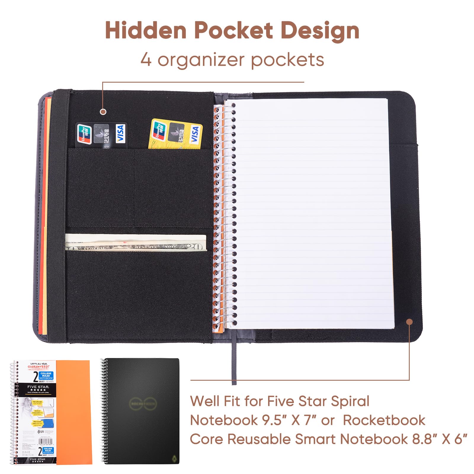 Pokrowiec na notatnik do pracy, ochraniacz na notatniki - organizer do portfela kompatybilny z Rocketbook Fusion, z pętelką na długopis, etui na wizytówki, kieszeń na dokumenty na akcesoria