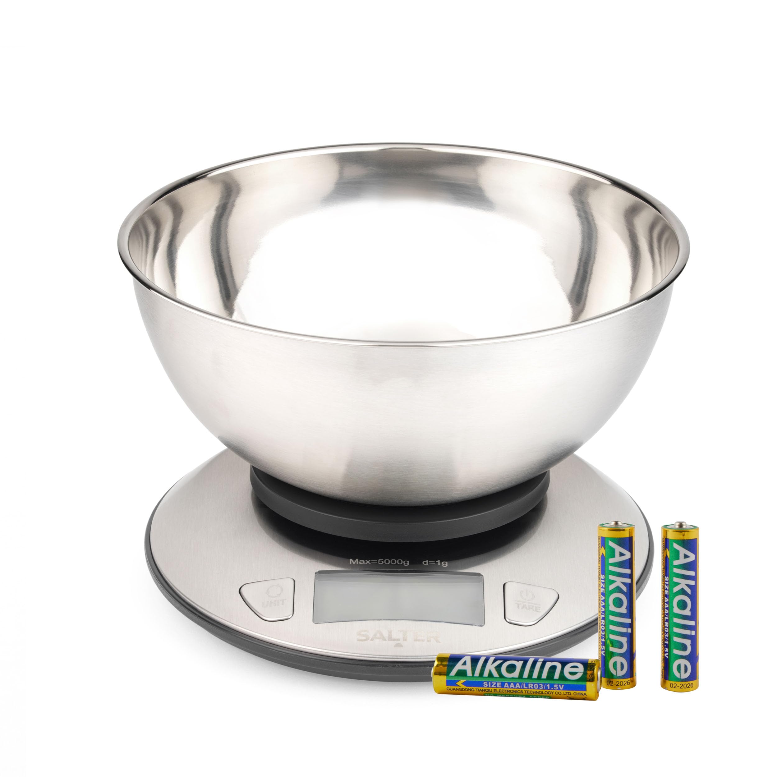 Salter Waga kuchenna z miską – wiele pomiarów, mierzy płyn, maksymalna pojemność 5 kg, stalowa miska 2 l, wyświetlacz LCD, stal nierdzewna, podwójne zastosowanie, idealna do pieczenia, gotowania,