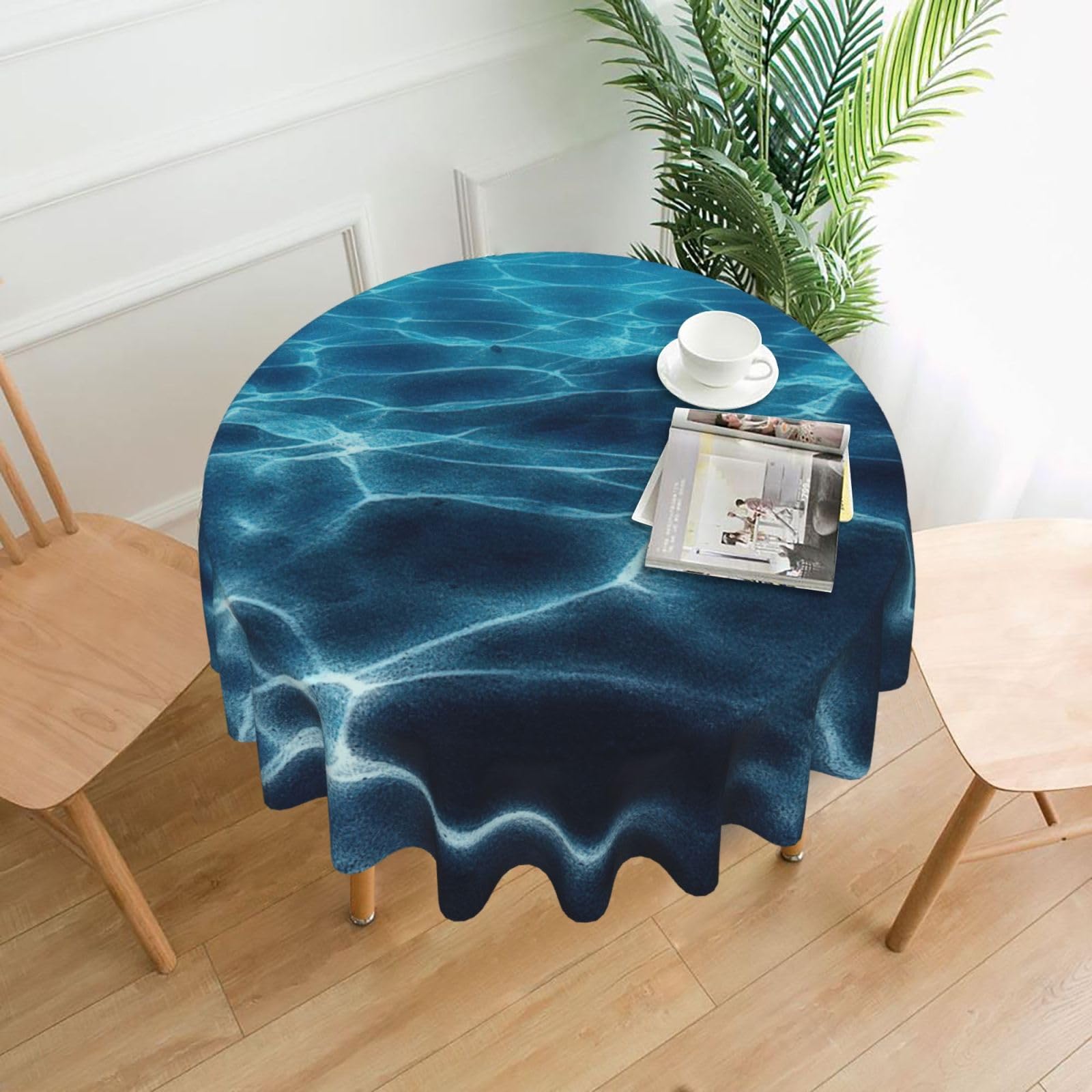 Uusnwaa Blue Deep Ocean Print Round Tablecloth 60 Inch, Stain Wrinkle Resistant Washable Polyester Table Cover For Kitchen Party