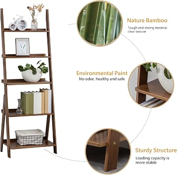 SOBIBO Ladder Shelf Bookshelf, 5-Tier Leaning Shelf, Free Standing Organizer Storage Shelves, Storage Rack Shelf for Office, Living Room, Bedroom, Natural