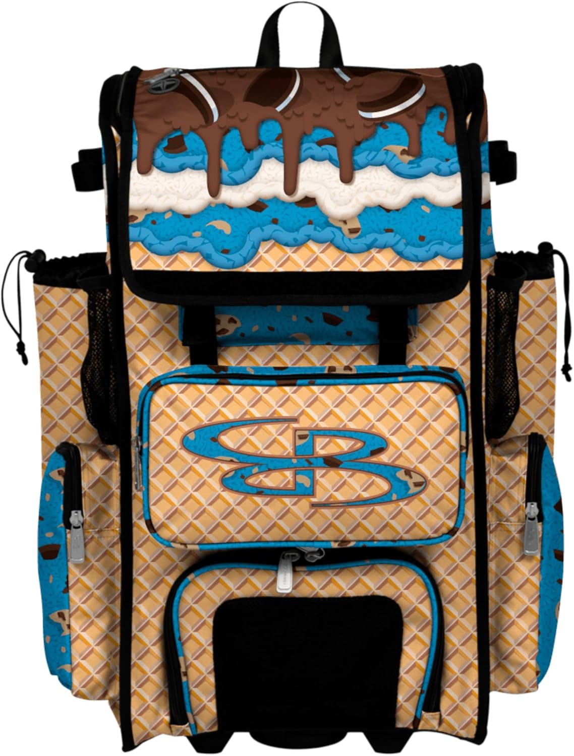 Boombah Rolling Superpack Baseball/Softball Gear Bag - Telescopic Handle - Holds 4 Bats - Wheeled Version - Ice Cream Monster Cookie Gold/Columbia Blue/Brown