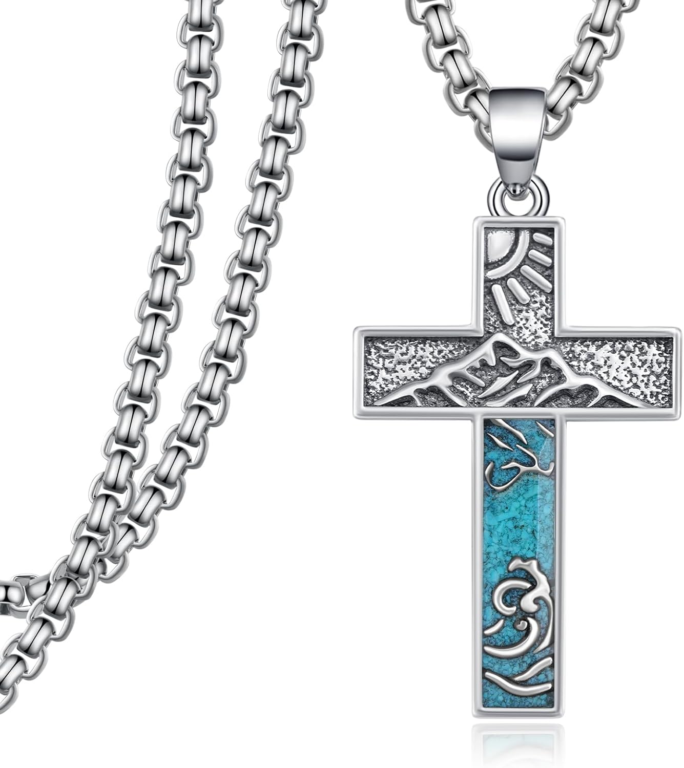 qielizhu Turquoise Necklace 925 Sterling Silver Western Cross Pendant Necklaces Vintage Turquoise Jewelry for Men Native American Jewelry Gifts