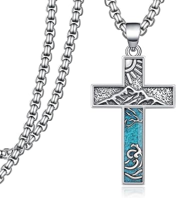 Turquoise Necklace 925 Sterling Silver Western Cross Pendant Necklaces Vintage Turquoise Jewelry for Men Native American Jewelry Gifts
