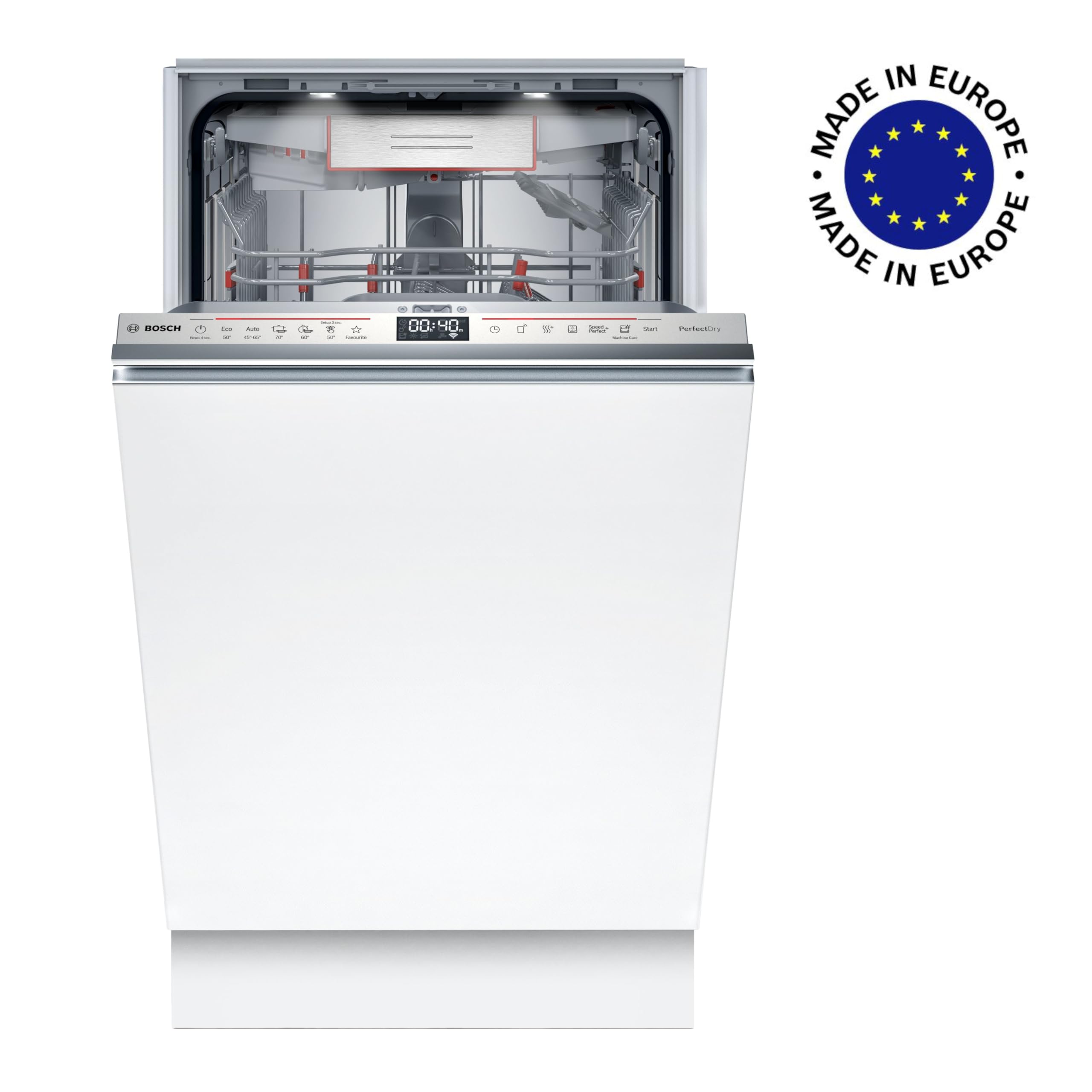Bosch SPV6YMX08E, Serie 6, Smarter Geschirrspüler Vollintegriert, 45 cm, Besteckschublade, Spülmaschine mit Zeolith Trocknung, besonders leise, höhenverstellbarer Oberkorb, TimeLight, AquaStop
