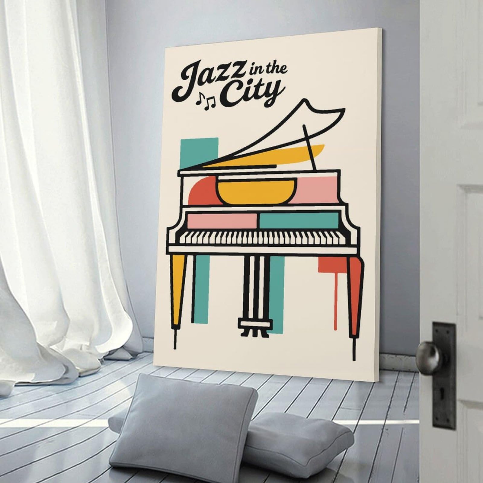 Junmoney Jazz in The City Piano Canvas Wall Decor, 20x30inch(50x75cm), for New Homes, Bedrooms Or Workspaces, Gift Idea for Housewarming And Birthdays