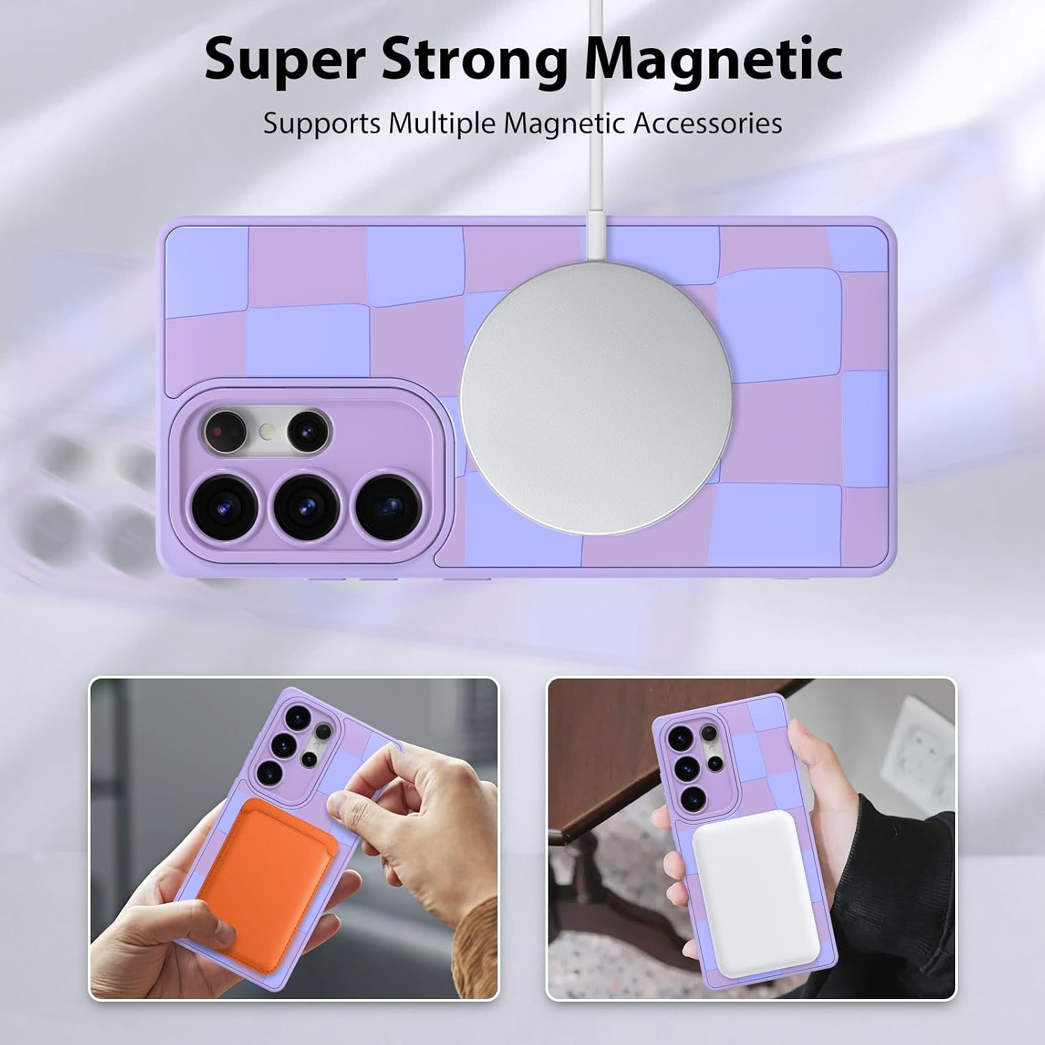 KANGHAR Compatible with Samsung Galaxy S25 Ultra Case, Support for MagSafe, Silicone Checkered Cute Pattern, Wristband Kickstand Camera Protection Soft Slim Cover for Girls Women -Purple