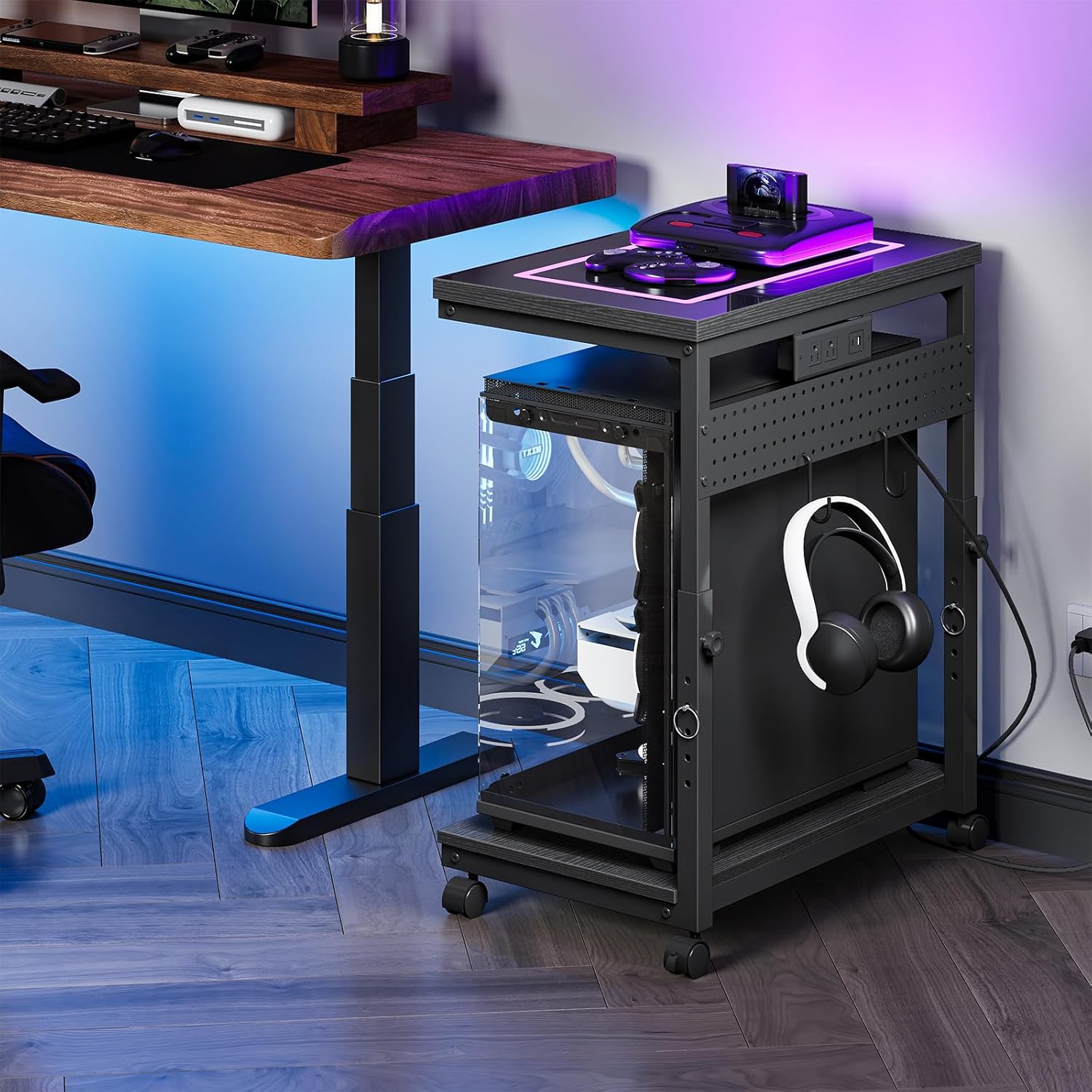 Computer Tower Stand, Under-Desk PC Cart with 2 Hooks, PC Stand with LED Light, Height Adjustable PC Tower Holder on Wheels, with Power Outlet for Living Room, Game Room, Black TCJ51UDBB