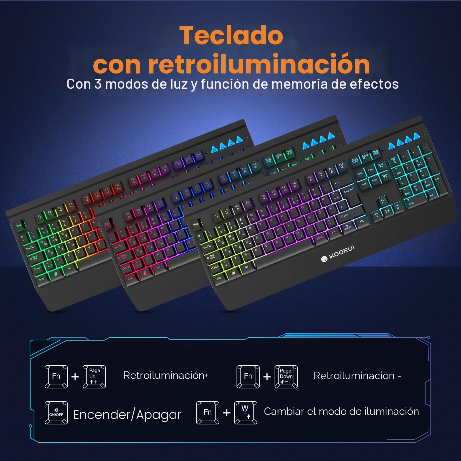 KOORUI Teclado para Videojuegos, diseño alemán QWERTZ con reposamuñecas, protección Fantasma, Cable USB, 12 Teclas Multimedia para Windows, MacOS Linux, Color Negro