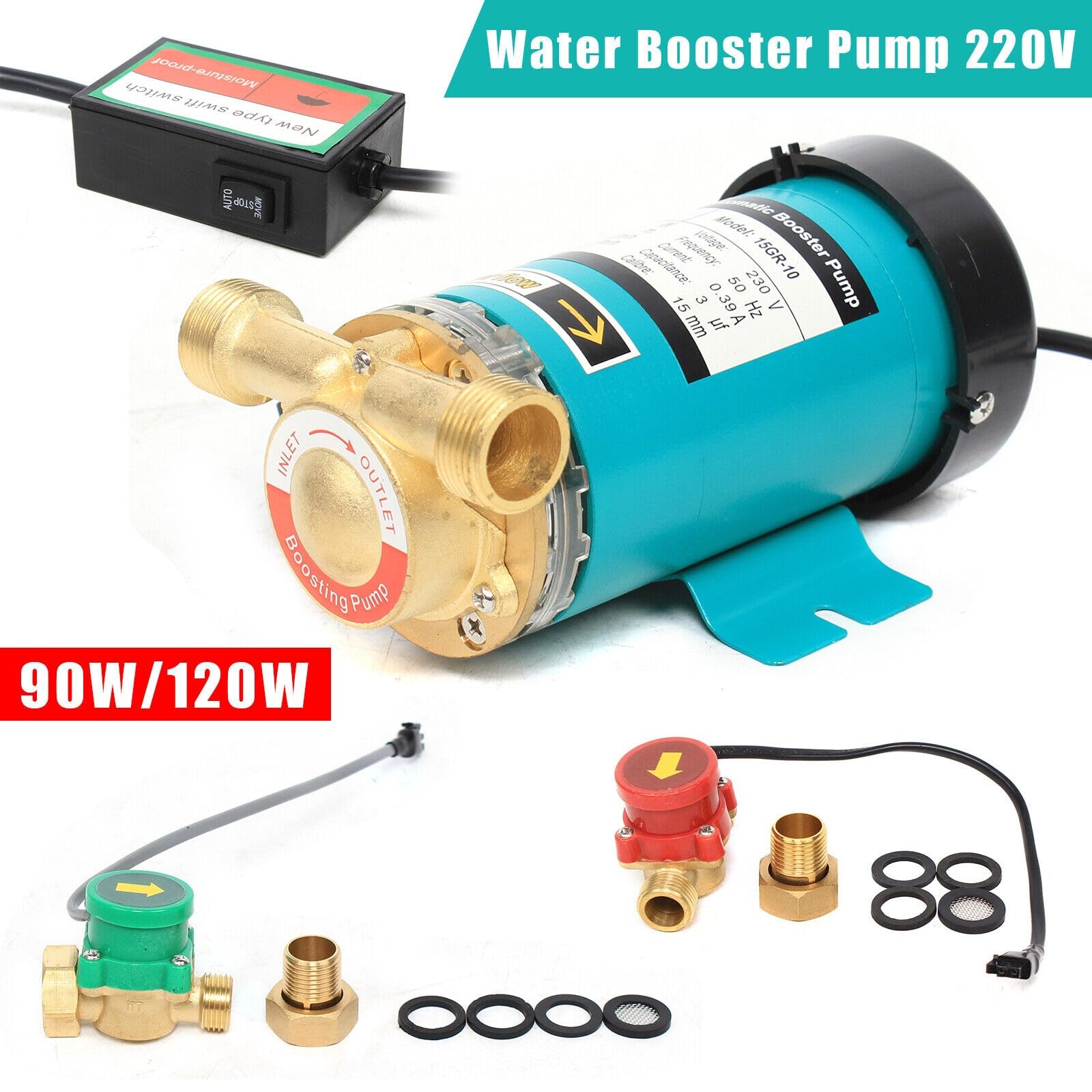 Pompe à eau chaude 120 W - Pompe à pression - Pompe de jardin électrique - 220 V - Pour douches, robinets, machines à laver, chaudières et tuyaux d'arrosage - Tête maximale de 15 m - Contrôle