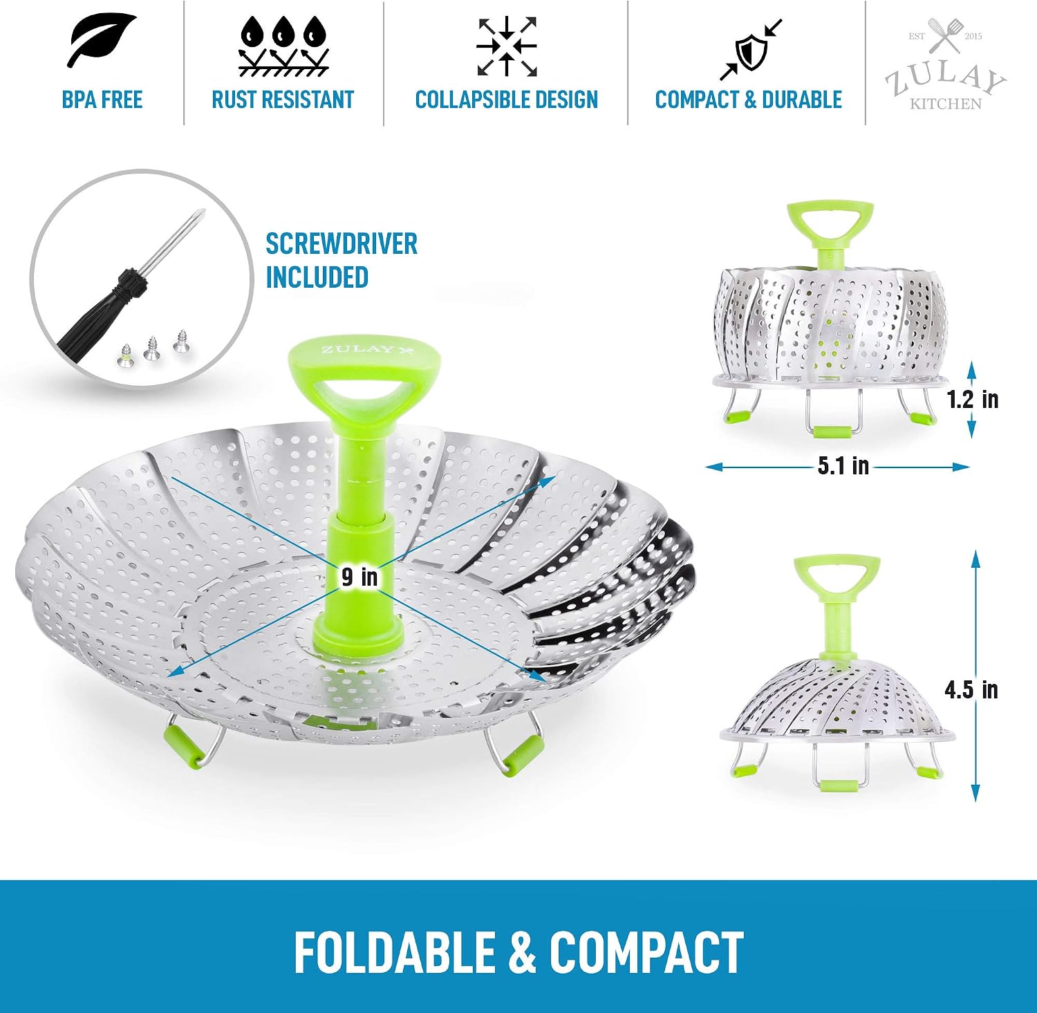 Zulay Adjustable Vegetable Steamer Baskets For Cooking - Foldable Steamer Basket (5.1" to 9") - Expandable Vegetable Steamer Basket Stainless Steel Fits Various Size Pots, Pans, & Pressure Cookers