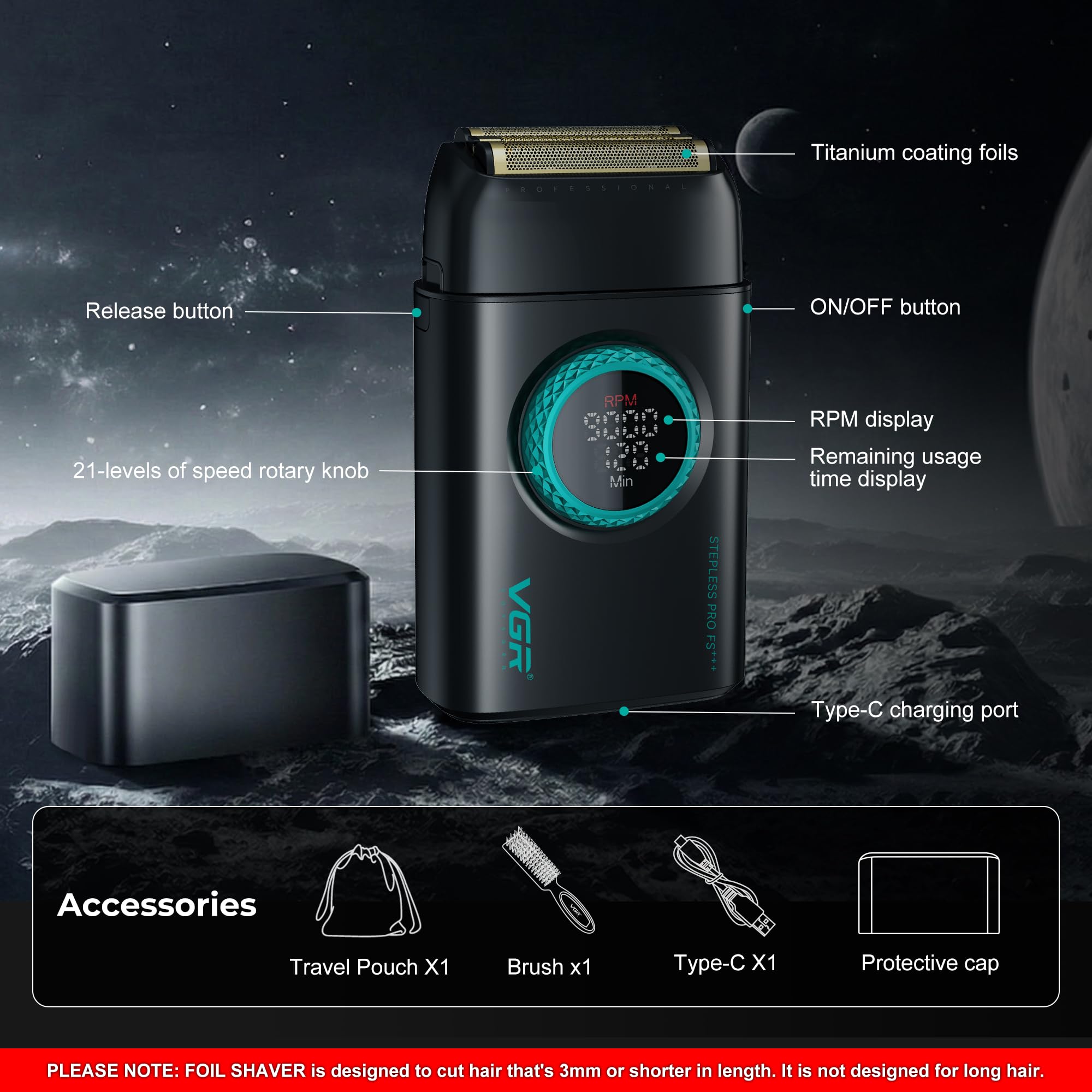 VGR Rasoio elettrico professionale per uomo, viso, barba, collo, pelle sbiadita e testa calva, ricaricabile USB-C senza fili, doppia lamina di titanio galleggiante, 21 velocità 7000-9000 giri/min