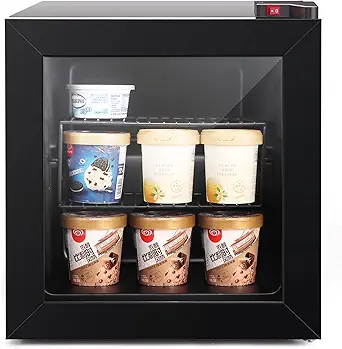 ADT Mini with Display Glass Door 1.1 Cu Ft Small Freezer with 2 Removable Shelves 7 Temperature Settings -8°F to 14°F Perfect for Liquor and Ice Cream