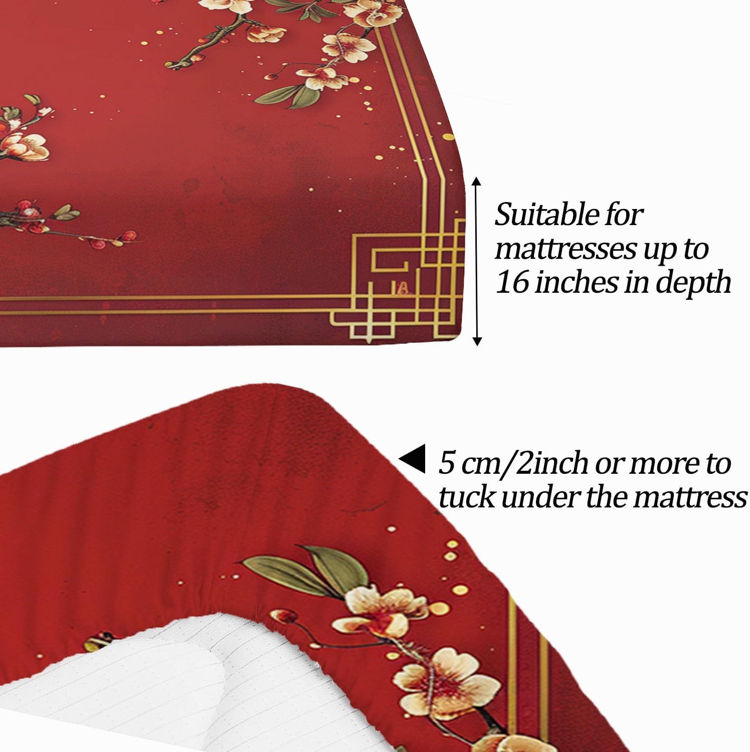 Print Fitted Sheet Set King Size for Kids Boys Girls, Bed Sheets Chinese Style Plum Blossom Pattern Fitted Sheet Adults Flat Sheet Soft Luxury, Home Room Decor 4Pcs