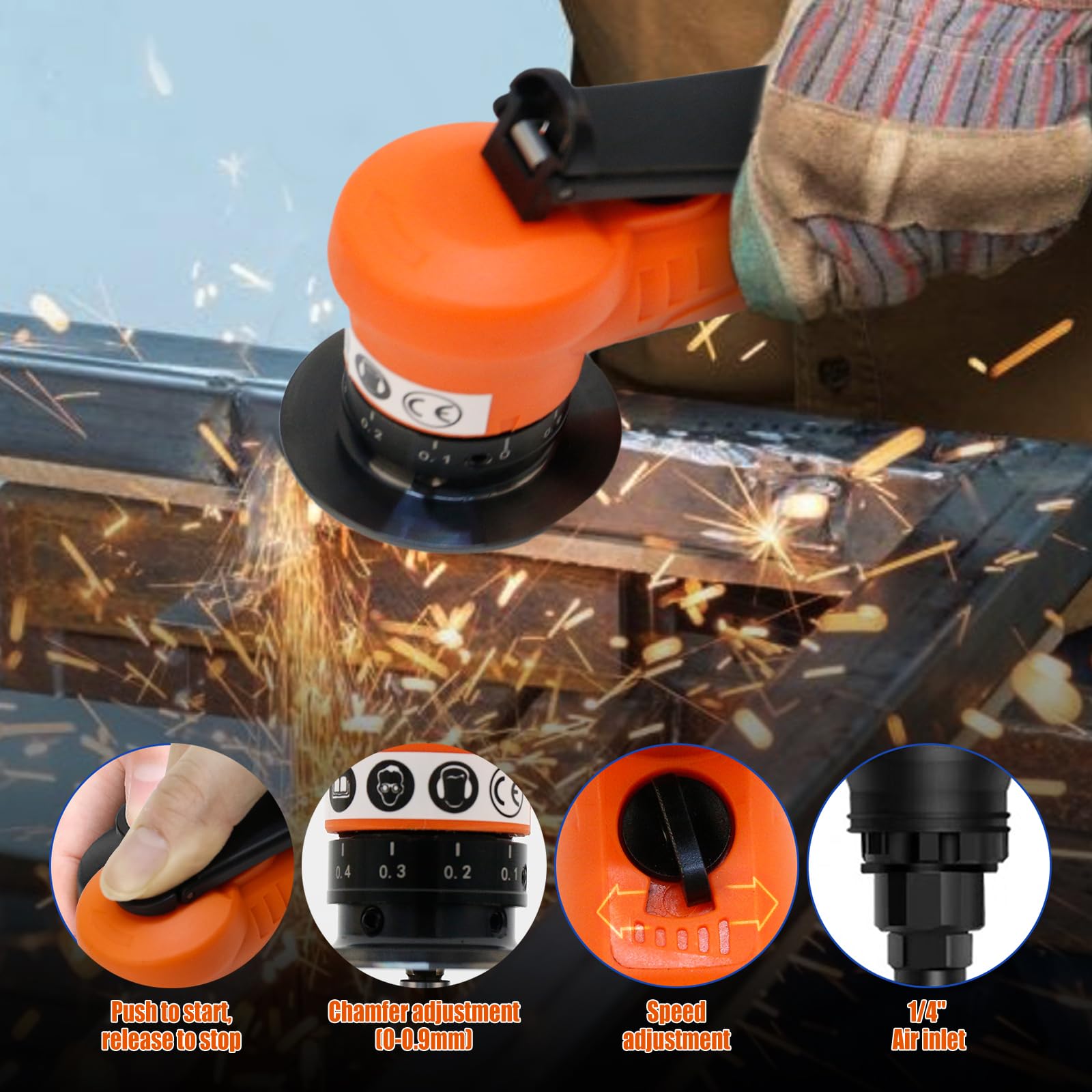 Set di smussatrici pneumatiche 2 in 1 a 45° con lama e cuscinetto, smerigliatrice manuale per angoli ad arco, ingresso aria 1/4 di pollice per sbavatura in metallo e legno (lame ad angolo di 6 C)