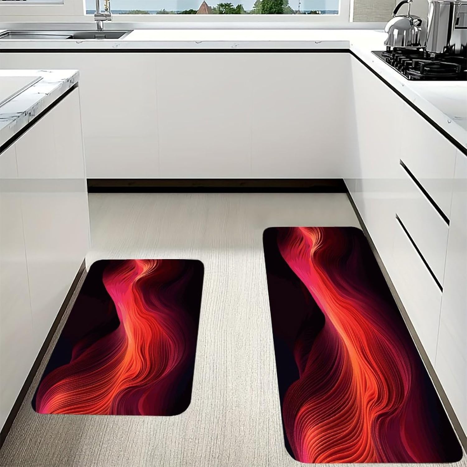 Gradient Red Kitchen Mats with 2PCS Non-Slip Washable,Kitchen Rug Heavy Duty Durable, Floor Mats for Kitchen,Office,Sink,Laundry