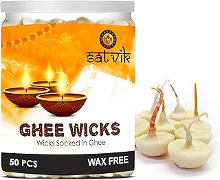 SATVIK 50 Pc Pure Ghee Wicks for Puja (Upto 30 Mins) Pooja Home and Mandir. Nitya Pujan Readymade Ghee DiyaJyoti Pujan Indian Housewarming Return Gift Items Accessories. Diwali Cotton Wicks