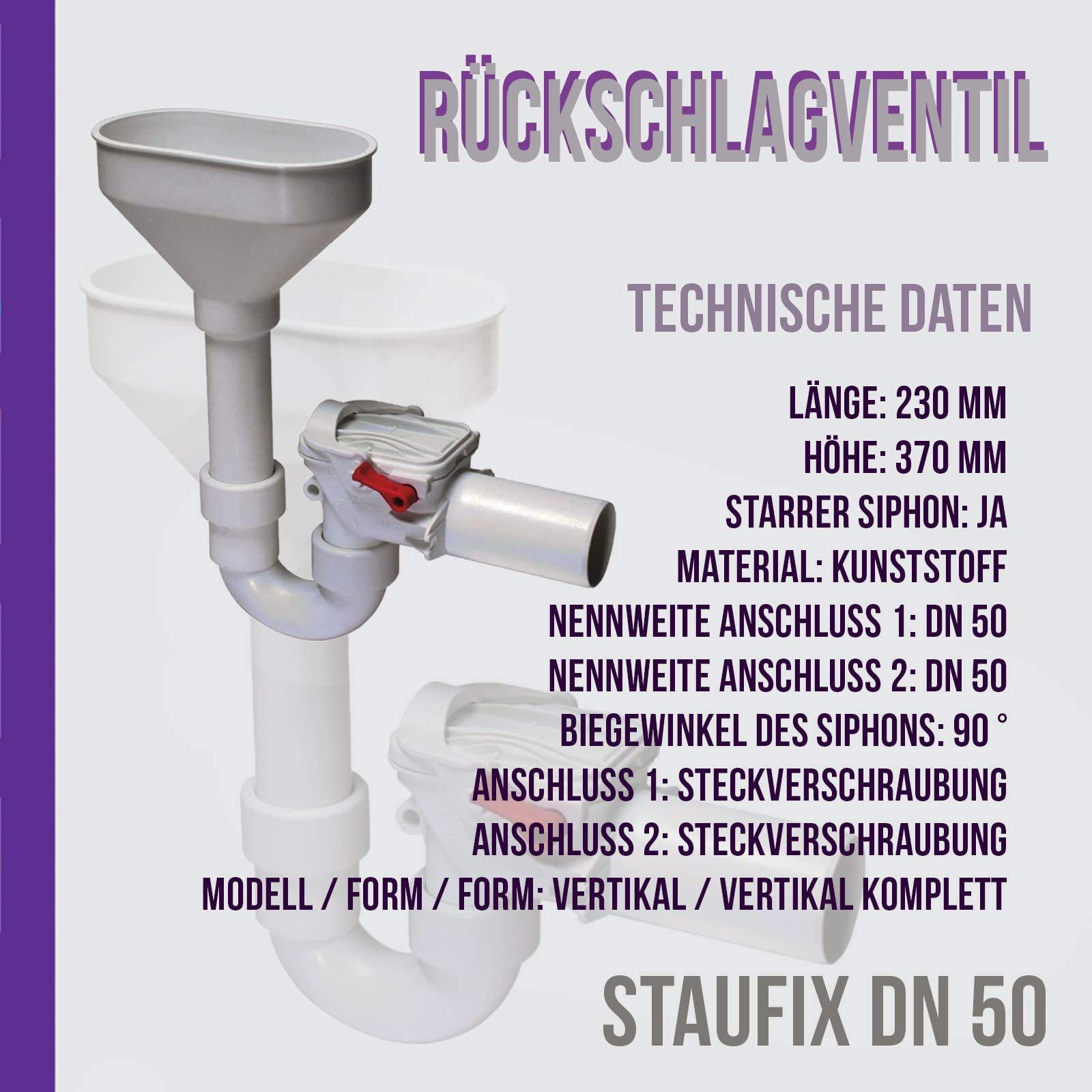Kessel Staufix 73053 U-Geruchsverschluss mit Rückschlagklappe für Heizungsanlage Ø 50 mm