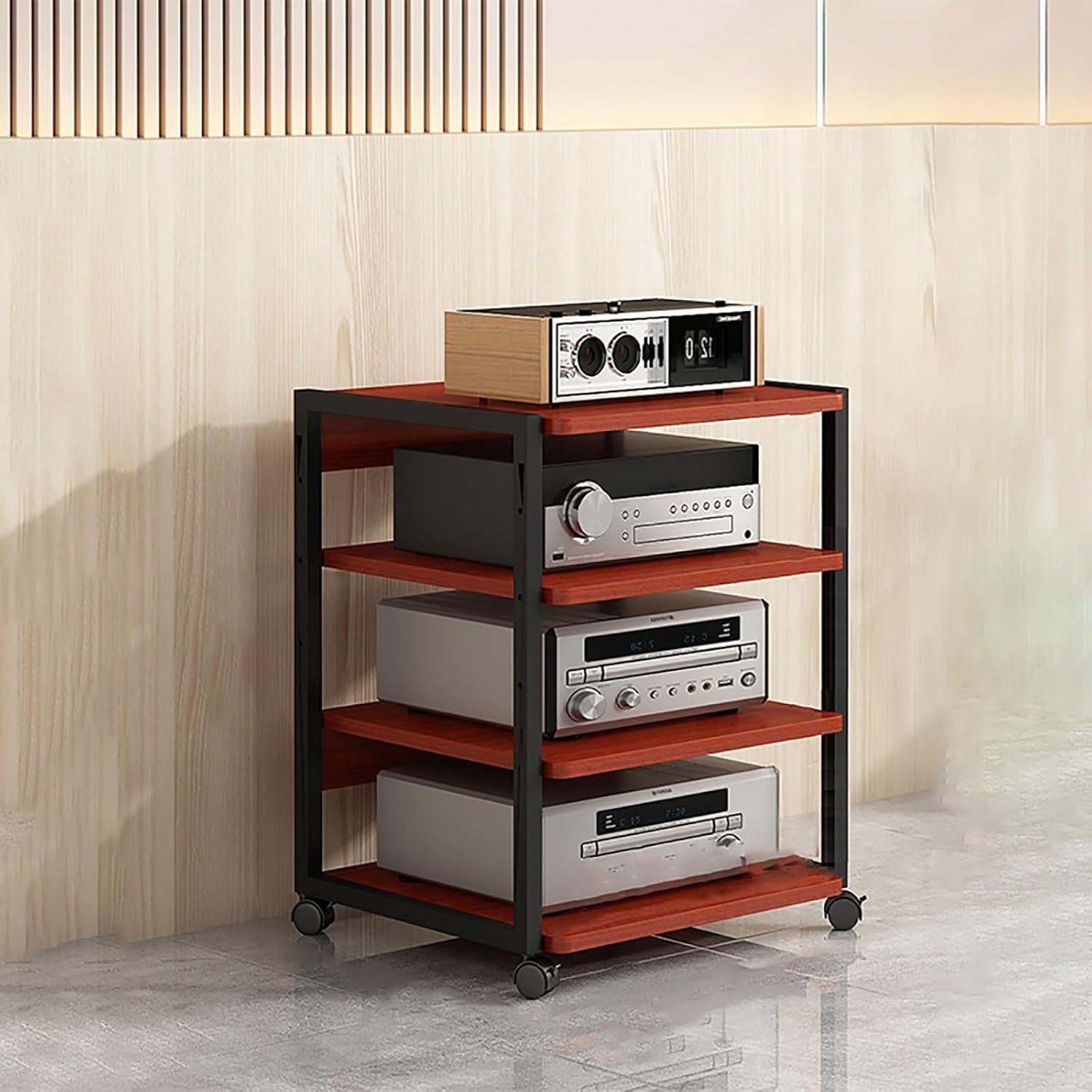 Stojak na sprzęt audio HiFi, 3/4-poziomowy stojak na sprzęt audio-video z kółkami, wielofunkcyjne, drewniane półki z regulacją wysokości, do przechowywania wzmacniacza/dekodera TV/drukarki (styl