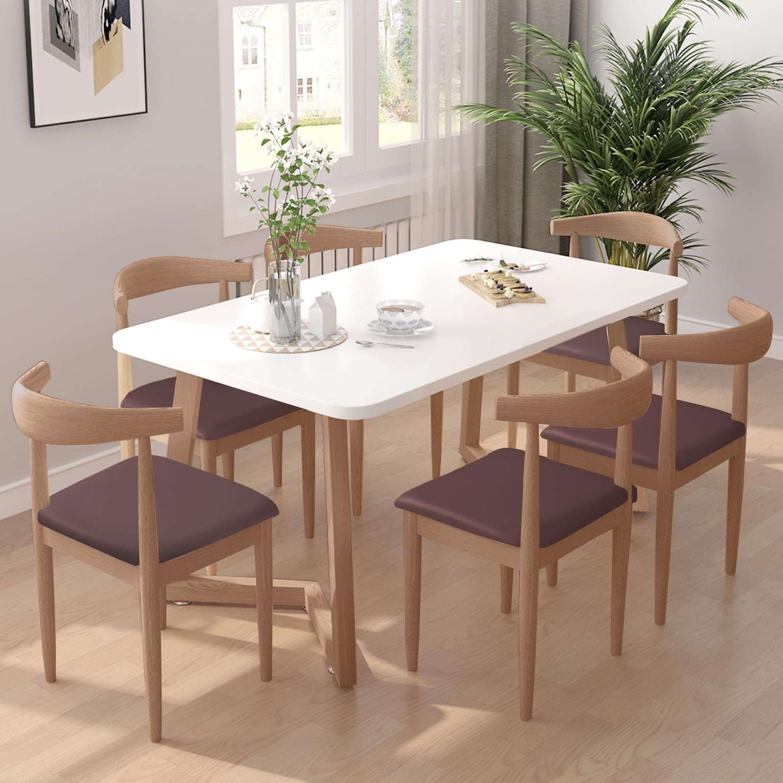 Alishomtll Leather Dining Chair Covers Set of 4/6 PU Chair Seat Slipcovers Waterproof Chair Covers Removable Seat Covers with Fixing Buckle for Dining Room Kitchen Garden Office (Brown - Image 2