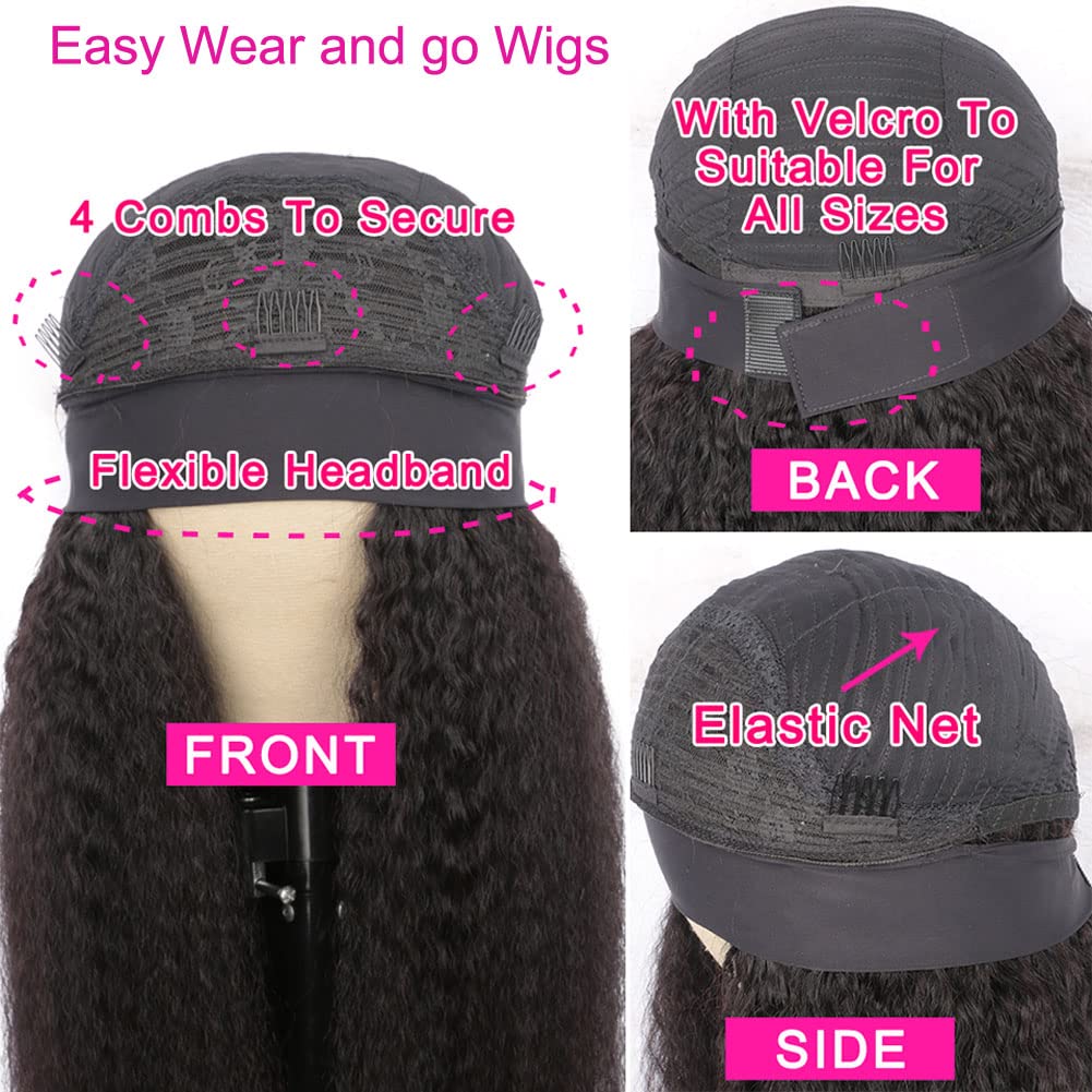 Curly Headband Wig Human Hair Wigs for Black Women Human Hair 22 Inch Long No Lace Front Wigs Human Hair Glueless Deep Wave Headband Wigs Natural Black Color Half Wig with Headband