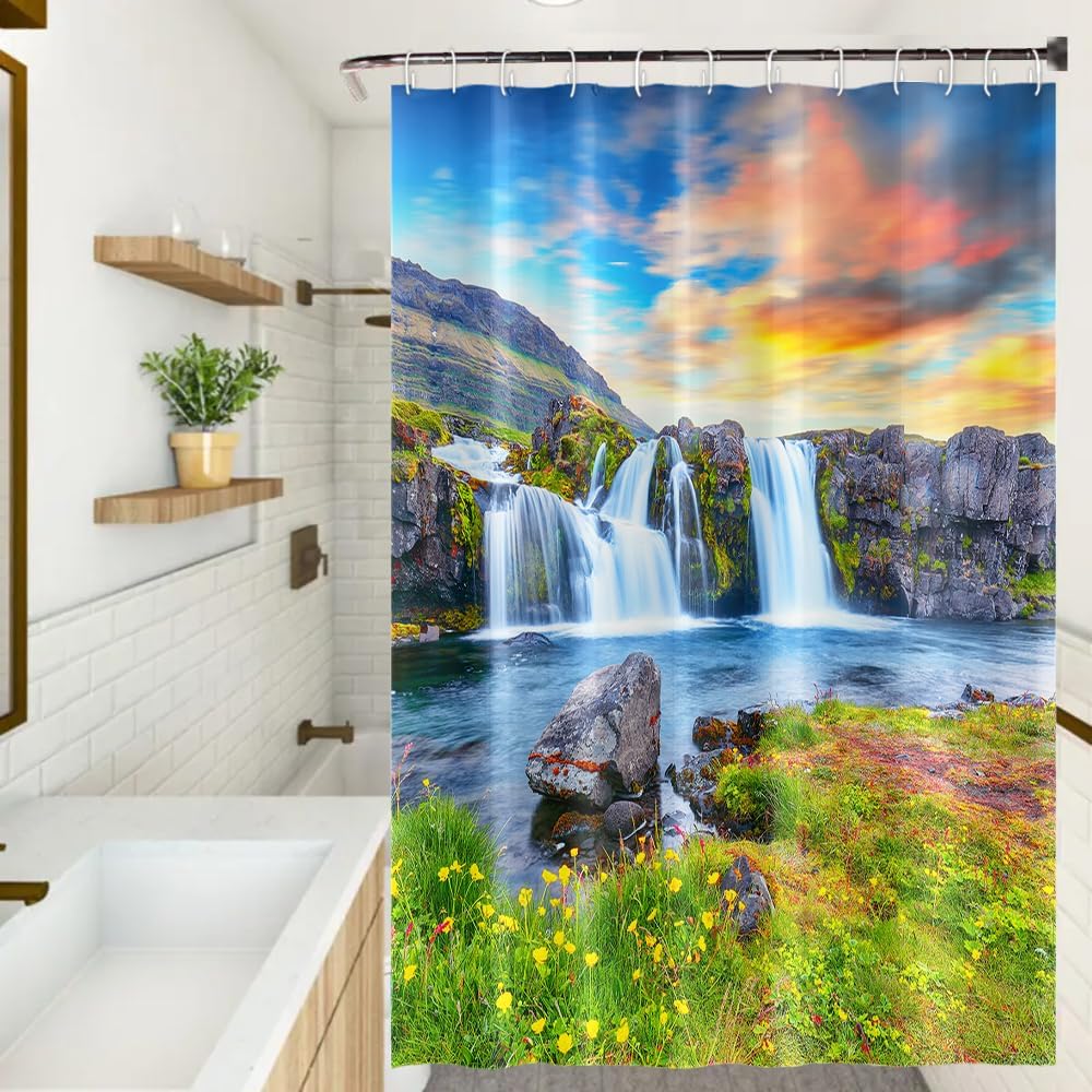Waterfall Shower Curtain Spring Natural Scenery Mountain Lake Green Grassland Bathroom Decoration Waterproof Fabric Modern Bath Accessories Set with Hooks, 72x72 Inch