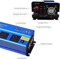 Vista 3 de Power Inverter 12v to 110v 1000w: 1000 Watt Dc to Ac Converter Battery Inverters for Car Charger Adapter with Outlet Plug - Inverter with Cigarette