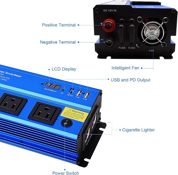 Power Inverter 12v to 110v 1000w: 1000 Watt Dc to Ac Converter Battery Inverters for Car Charger Adapter with Outlet Plug - Inverter with Cigarette Lighter for Car Truck Vehicles Rv Boat Home Auto