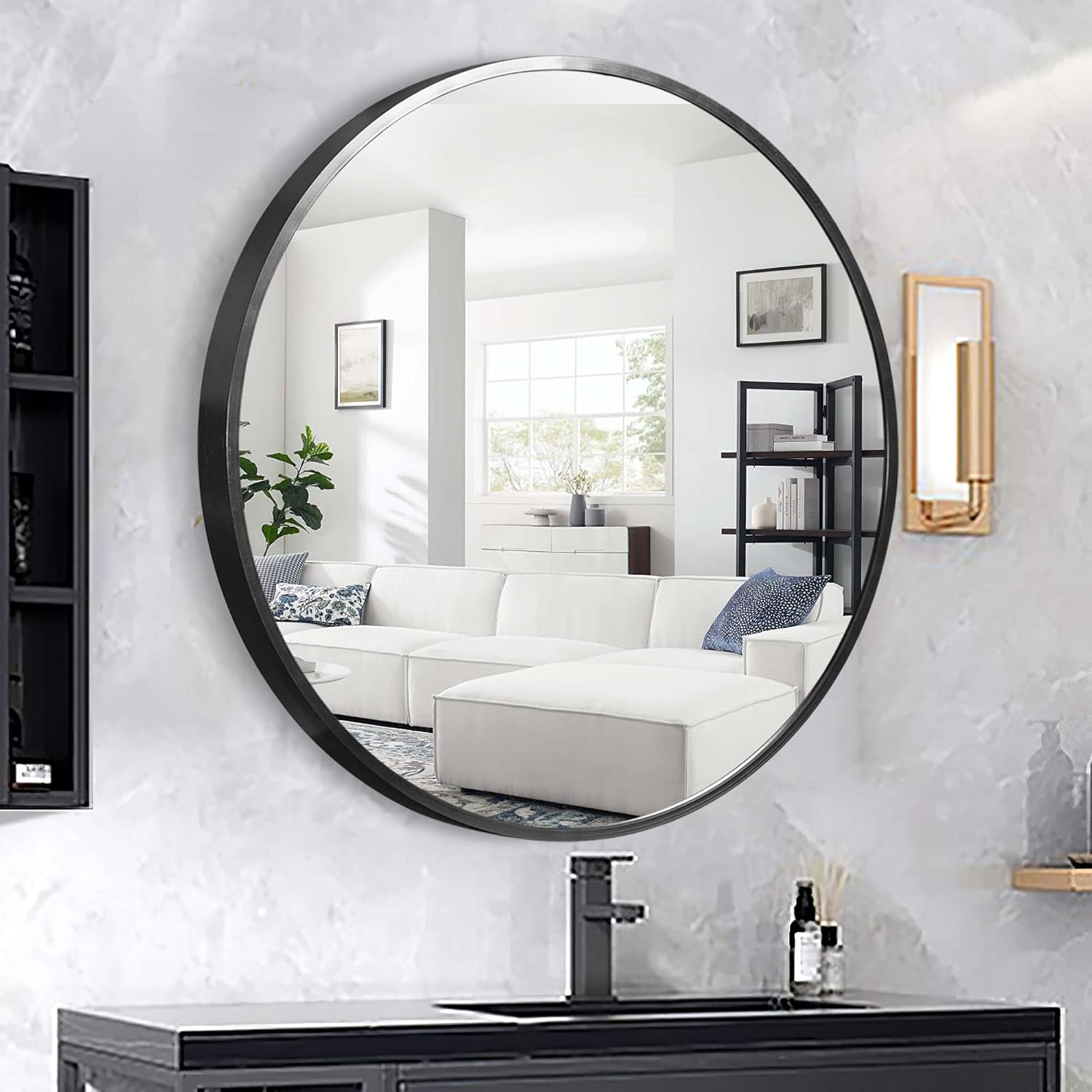 Black Round Mirror 28inch Circle Mirror Aluminum Alloy Frame Mirror for Wall Large Hanging Decorative Mirrors for Bedroom Bathroom Living Room Entryways (SUUS-LHJ-M70Y-B-S098)