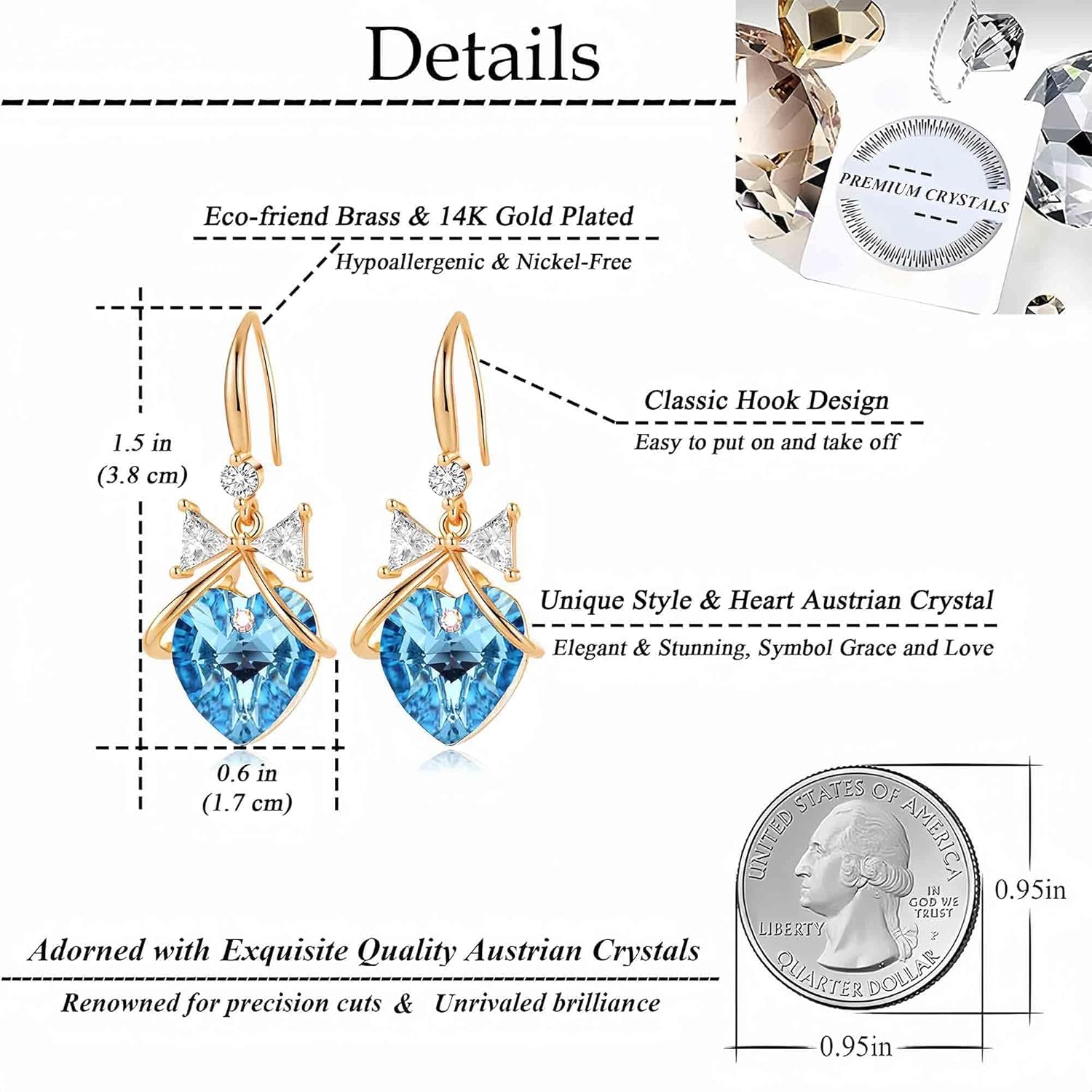 Austrian Crystal Bowknot Heart Drop Dangle Earrings for Women Fashion 14K Gold Plated Hypoallergenic Jewelry - Image 4