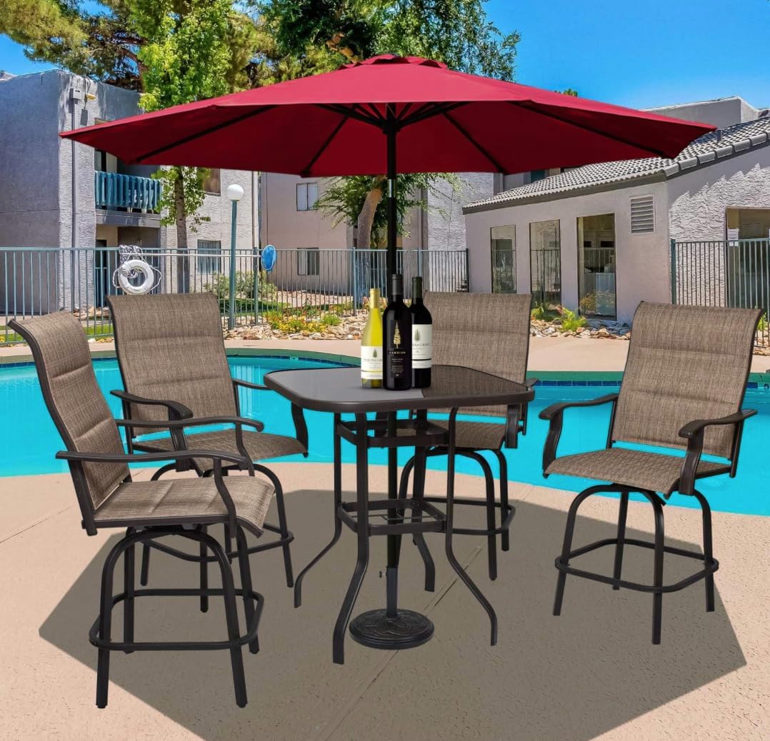 5 Piece Outdoor Bar Stools Set - 4 Bar Height Swivel Patio Chairs & 1 High Bistro Table w/Umbrella Hole - All Weather Textilene High Top Patio Table and Chairs Set (Brown, Set of 5)
