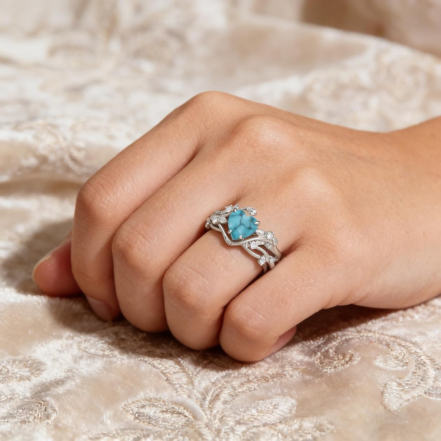 Turquoise Ring for Women 925 Sterling Silver Boho Rings Western Jewelry White Gold Vintage Ring Turquoise Cowgirl Jewelry Gifts for Wife Mom