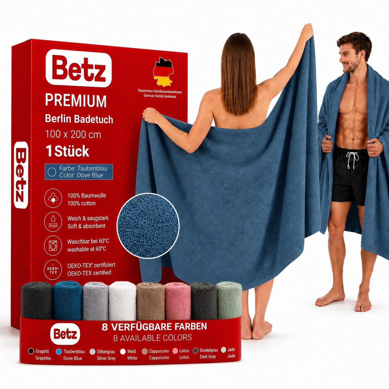 Betz Drap de Bain XXL 100x200 cm – 1 pièce – pour Sauna et Plage en 100% Coton, 360 g/m² - Absorbant et Doux – Grande Serviette avec Attache Serviette – série Berlin - Couleur Bleu Pigeon