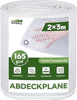 2x3m Plane Transparent mit Ösen, Abdeckplane Wasserdicht Reißfest 165GSM, UV-stabilisiert Gewebeplane, Multifunktionale Schutzplane Holz Bauplane Outdoor