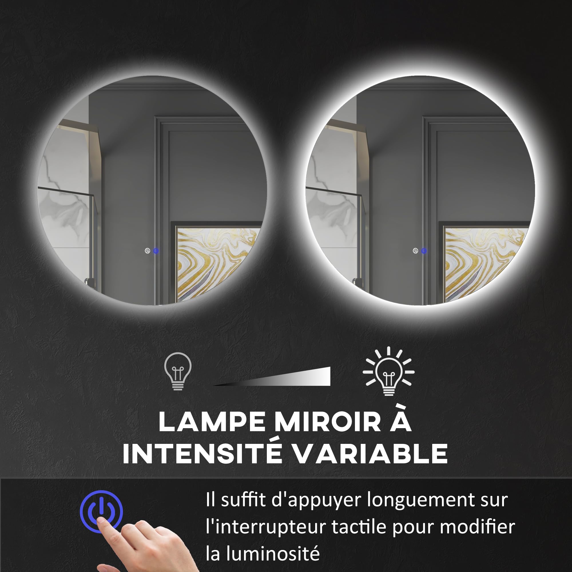 kleankin Miroir Rond Lumineux LED Miroir Mural de Salle de Bain 80 cm avec éclairage Interrupteur Tactile système antibuée luminosité réglable 20,5W+26W Blanc et Argent